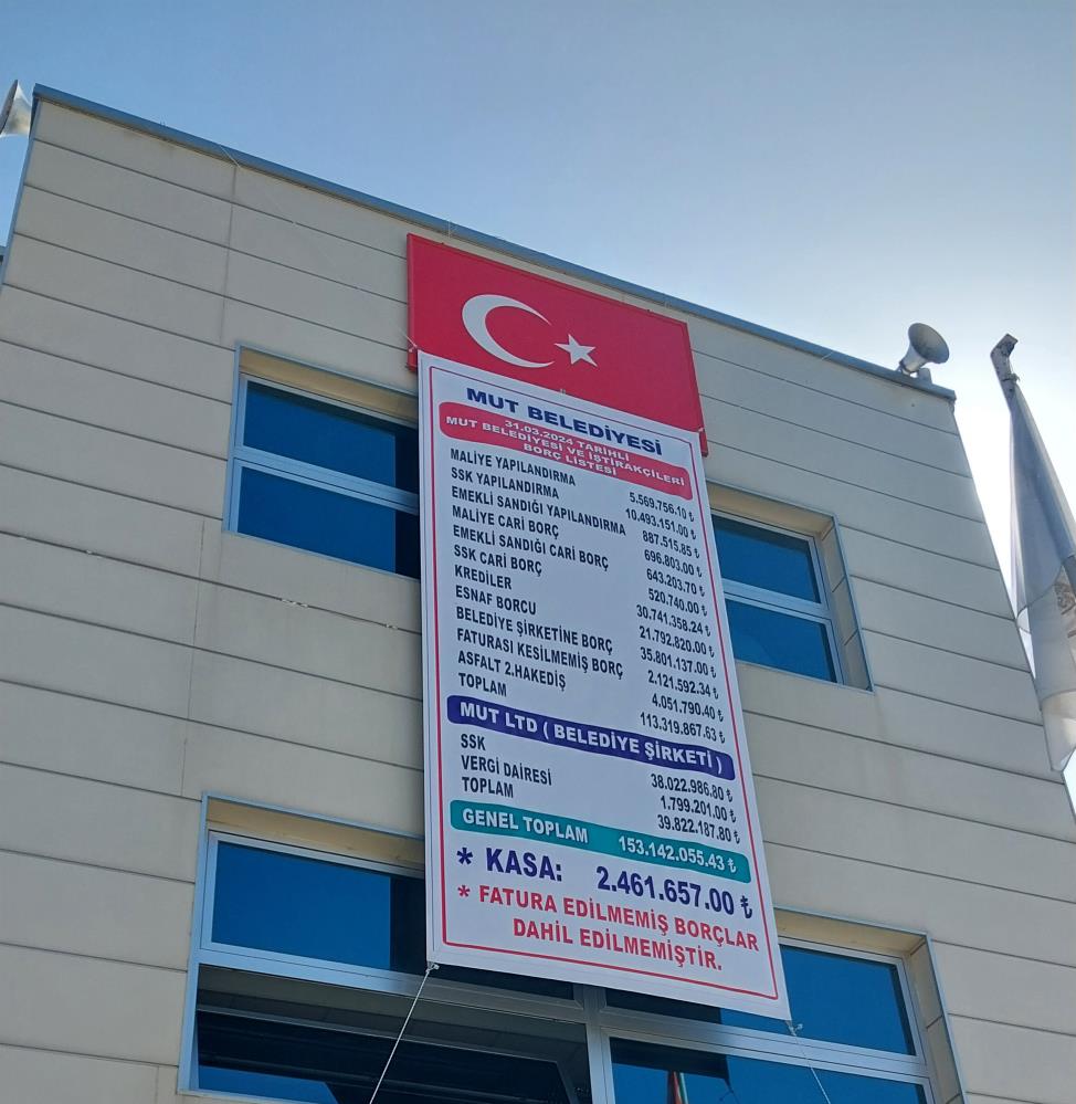 Yeni Başkan, Mut Belediyesinin borcunu astırdığı afişle duyurdu